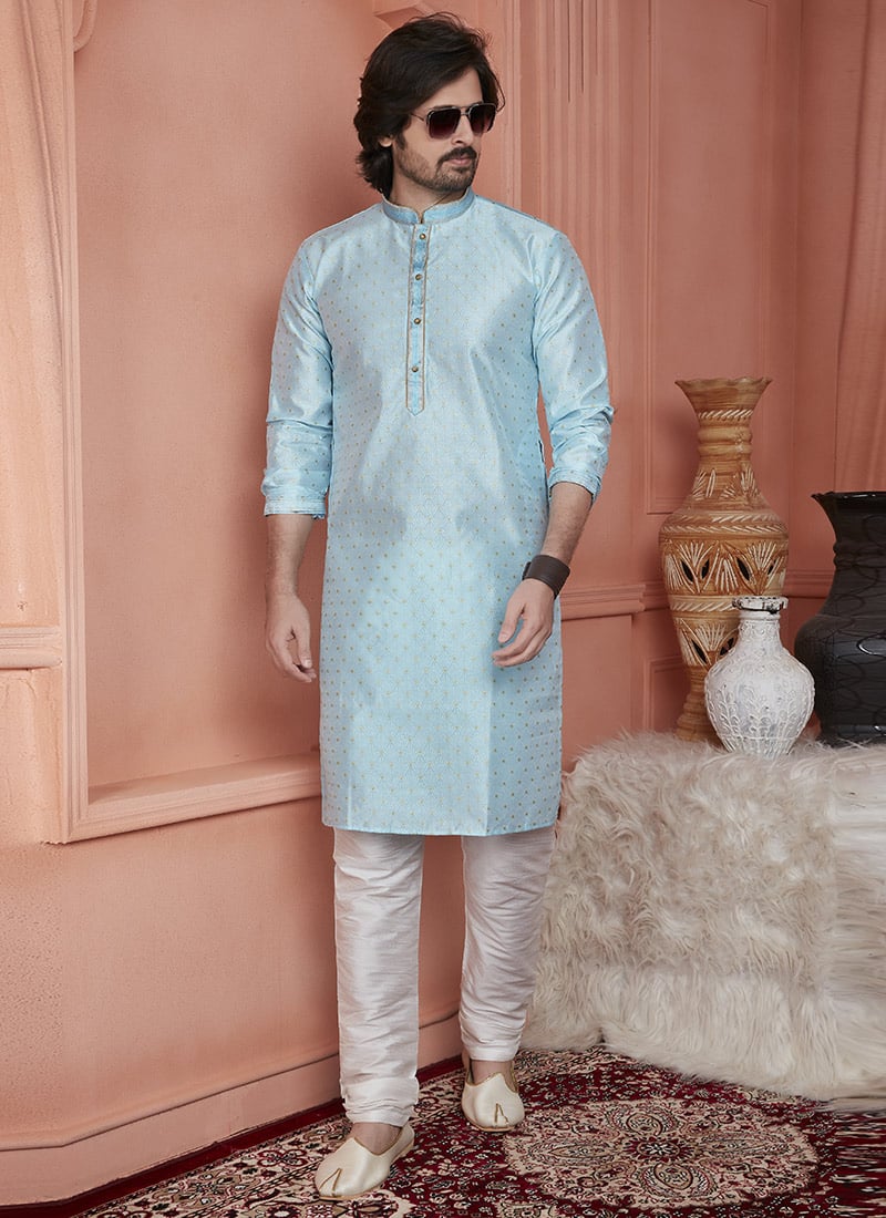 Sky Blue Jacquard Banarasi Silk Zari Work Kurta Pyjama For Men