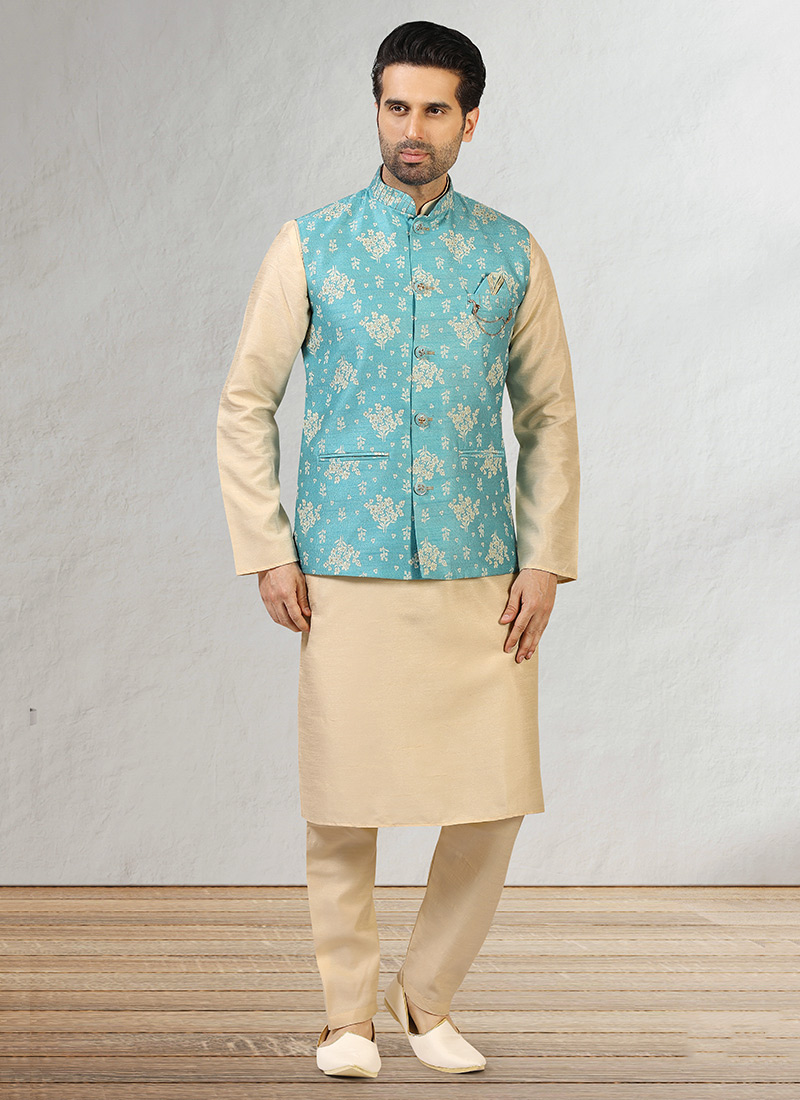 Sky Blue Jacquard Benarasi Silk Bandi Set Party Wear