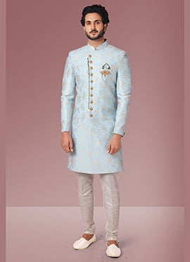 Sky Blue Jacquard Silk Brocade Classic Sherwani