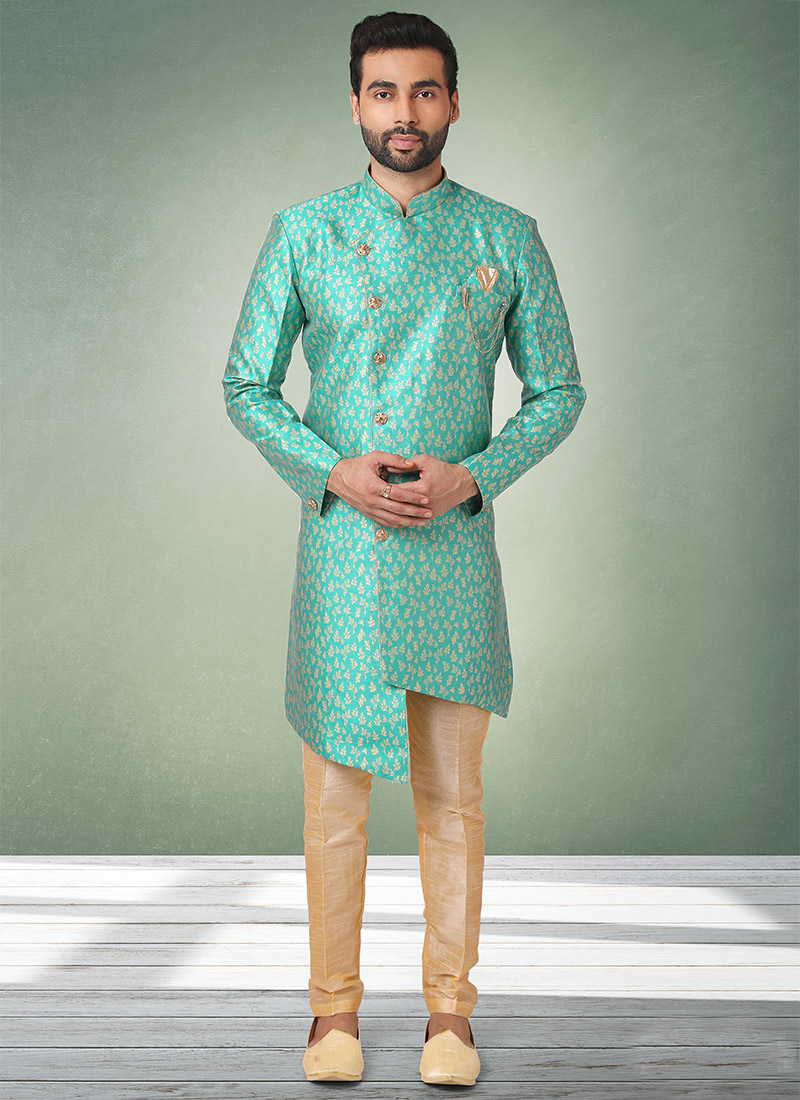 Sky Blue Jacquard Silk Brocade Indowestern Sherwani Wedding Wear