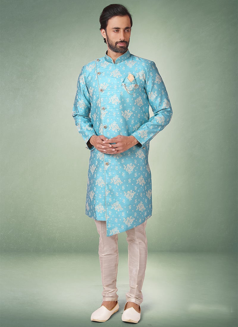 Sky Blue Jacquard Silk Brocade Indowestern Sherwani Wedding Wear