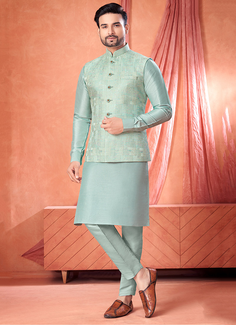 Sky Blue Jacquard Silk Embroidered Sequins Thread Bandi Set Festive Wear