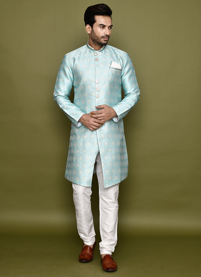 Sky Blue Jacquard Silk Indowestern Sherwani Festive Wear
