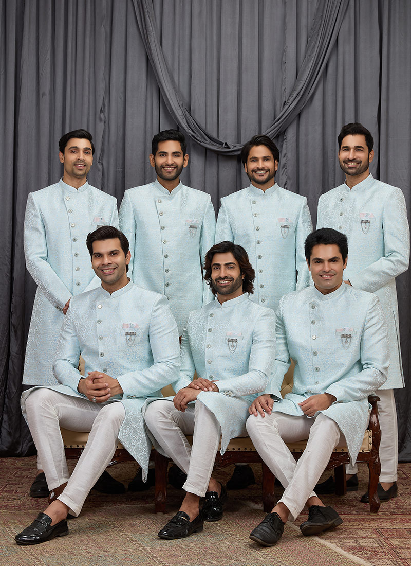 Sky Blue Jacquard Silk Indowestern Sherwani Wedding Wear