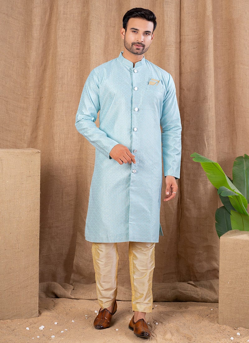 Sky Blue Jacquard Silk Indowestern Sherwani