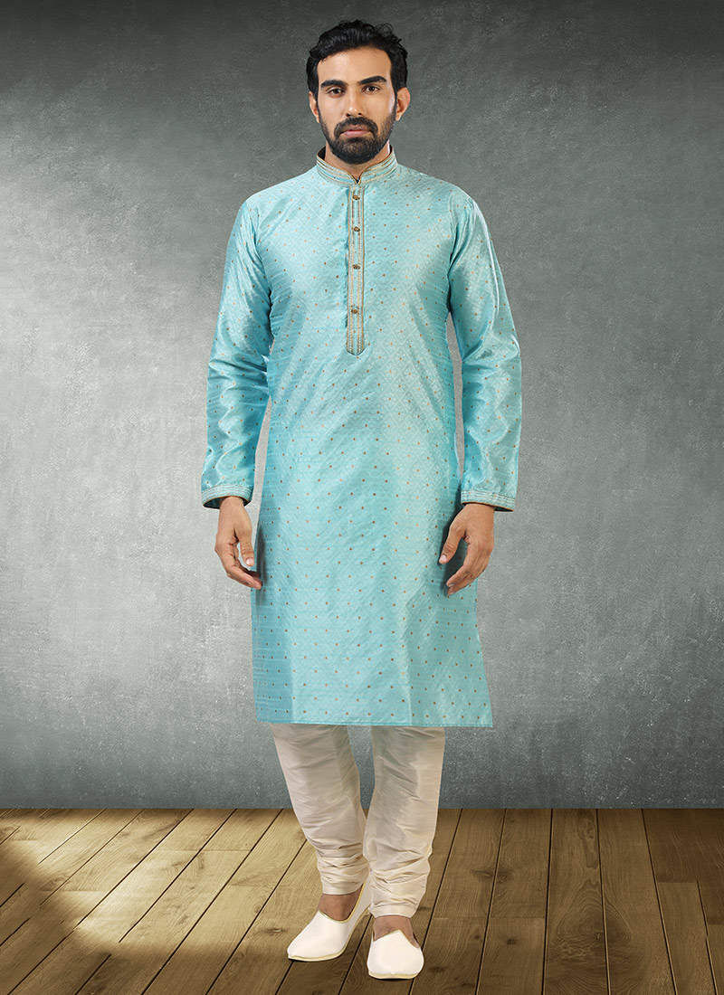 Sky Blue Jacquard Silk Pintux Kurta Pyjama