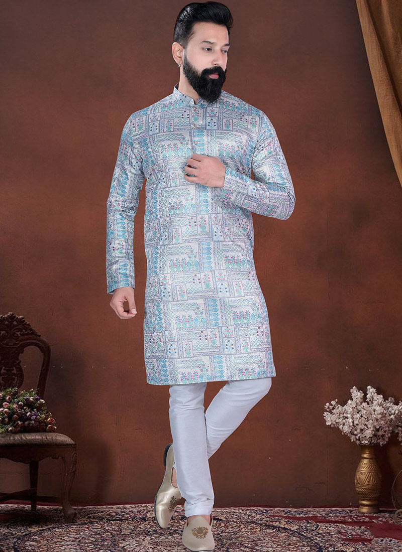 Sky Blue Jacquard Silk Printed Kurta Pyjama Festive Wear