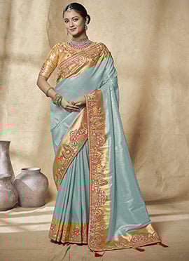 Sky Blue Jacquard Silk Zari Sequins Stones Embroidered Saree