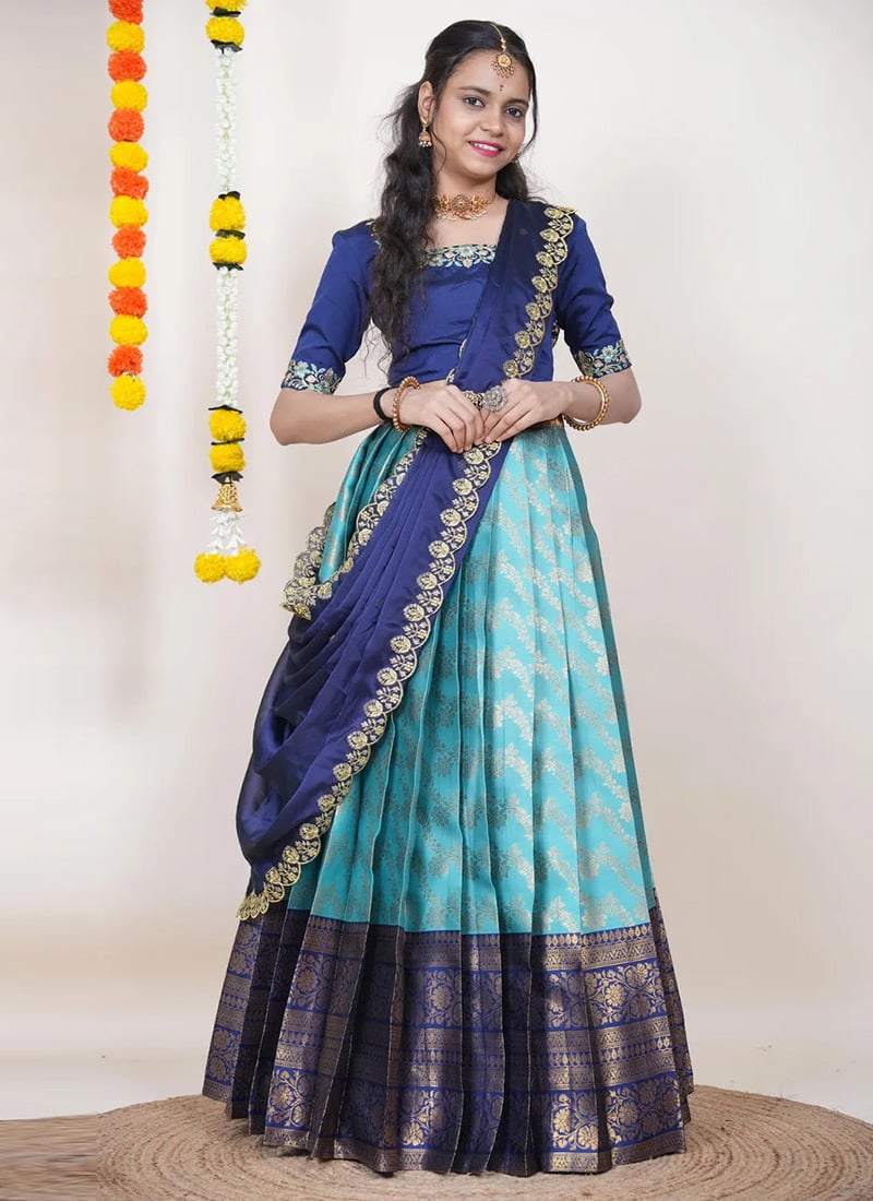 Sky Blue Kanjivaram Silk Jacquard Zari Embroidered A Line Lehenga