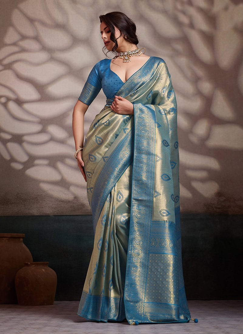 Sky Blue Kanjivaram Soft Silk Zari Woven Saree Festive Wear