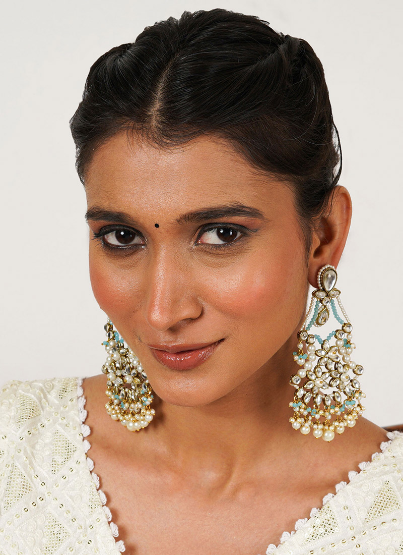 Sky Blue Kundan And Beads With Moti Chandeliers Festive Wear