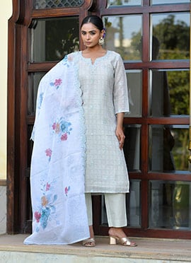 Sky Blue Linen Embroidered Straight Pant Suit With Digital Print Dupatta