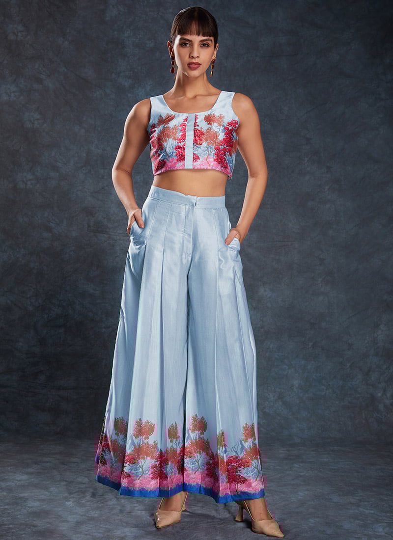 Sky Blue Linen Satin Digital Print Indowestern Co ord Set