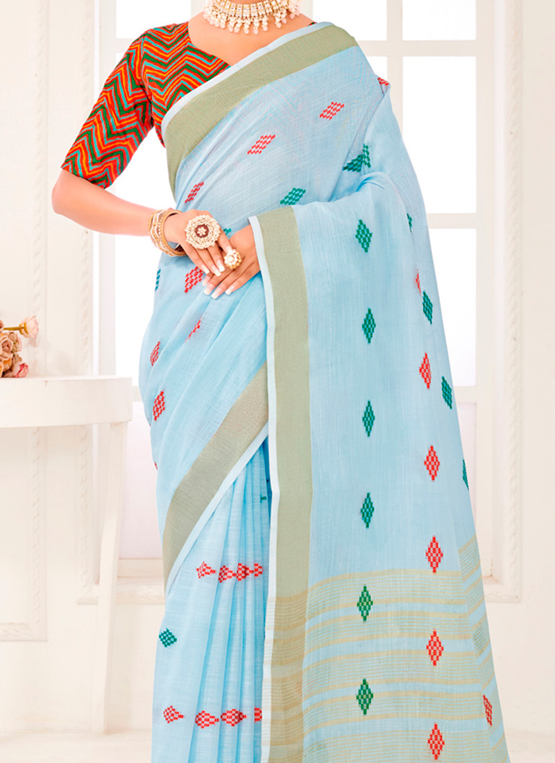 Sky Blue Linen Thread Embroidered Saree