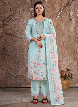 Sky Blue Linen Zari Festive Straight Pant Suit With Embroidery And Sequins
