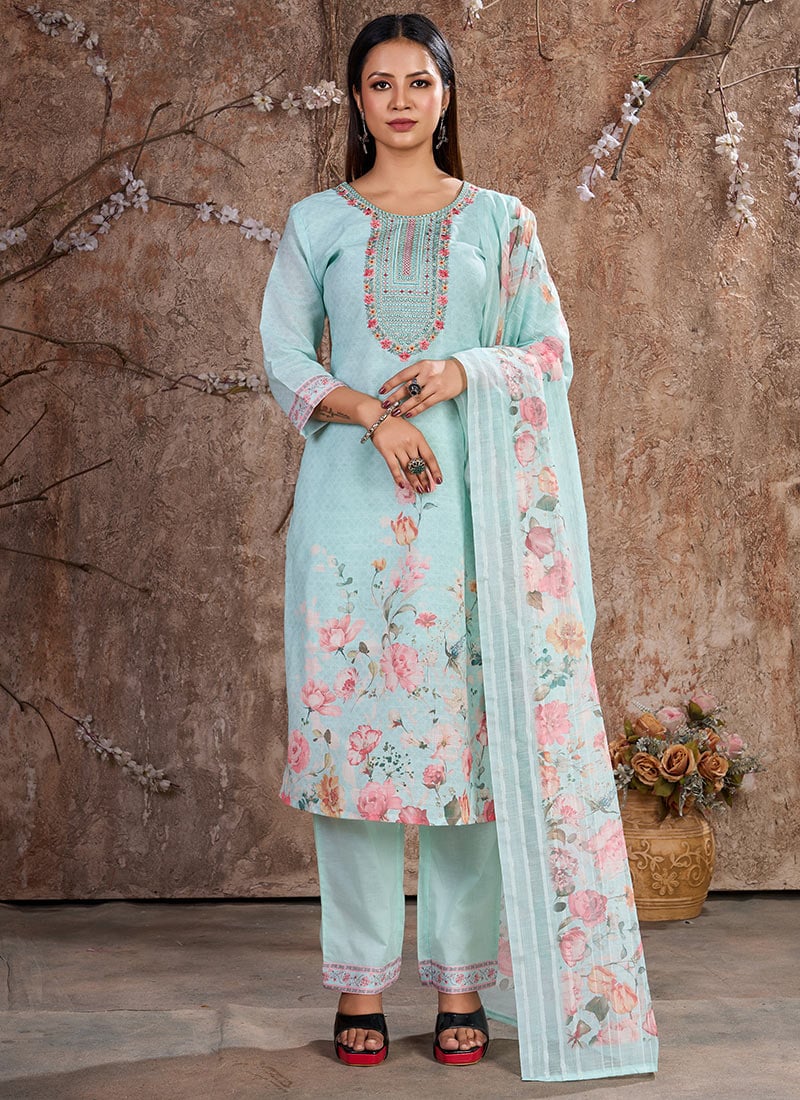 Sky Blue Linen Zari Festive Straight Pant Suit With Embroidery And Sequins Festive Wear