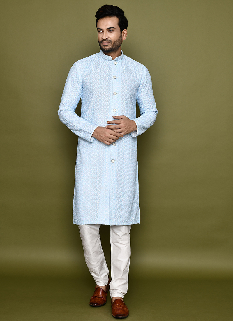 Sky Blue Lucknowi Kurta Pyjama Festive Wear
