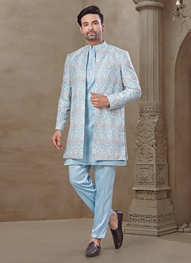 Sky Blue Malai Silk Embroidered Printed Bandi Set