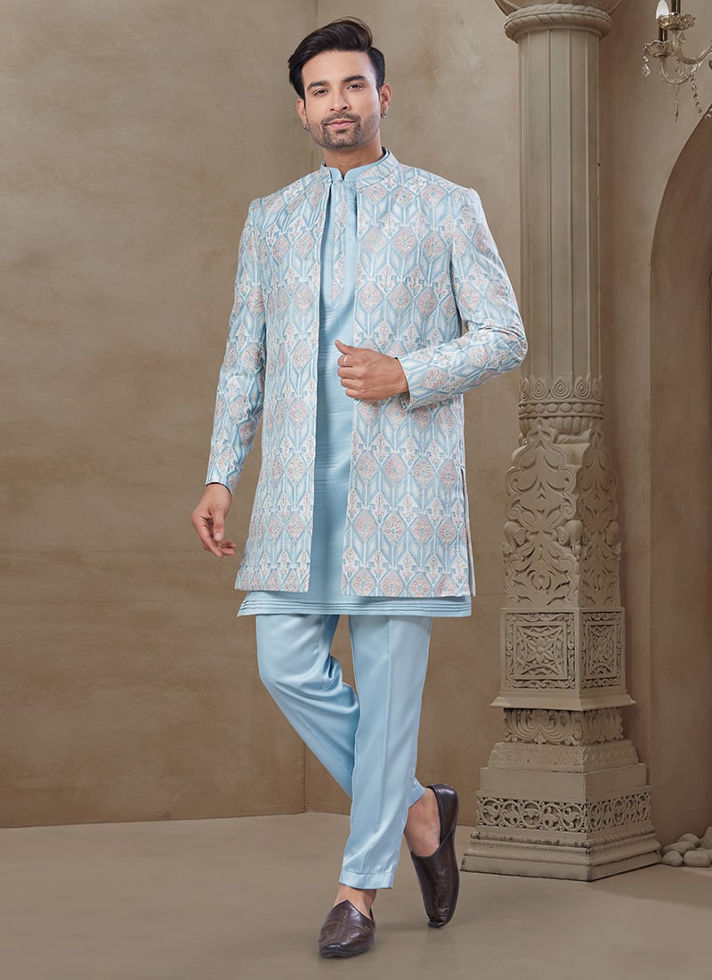 Sky Blue Malai Silk Embroidered Printed Bandi Set Festive Wear