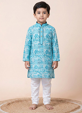 Sky Blue Mono Cotton Polyester Printed Kids Boys Kurta Pyjama