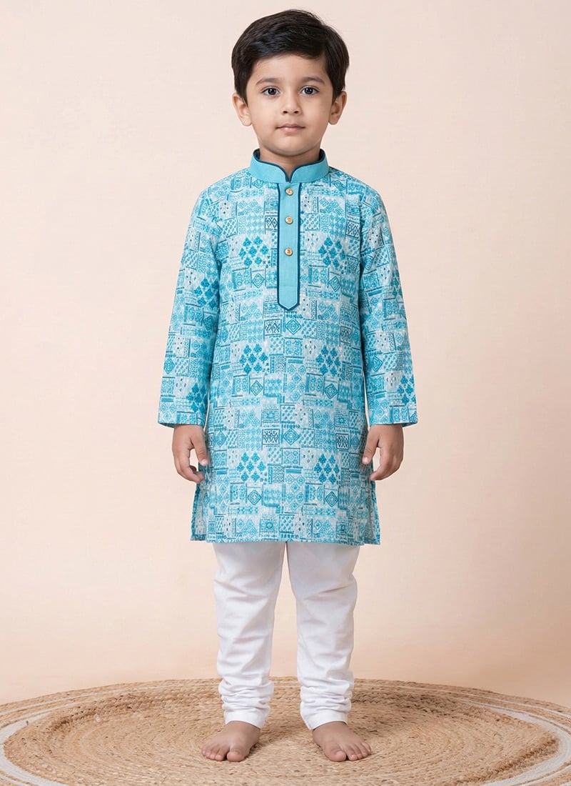 Sky Blue Mono Cotton Polyester Printed Kids Boys Kurta Pyjama Festive Wear