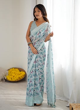 Sky Blue Moss Satin Floral Digital Print Saree