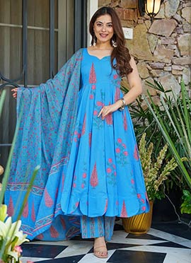 Sky Blue Muslin Digital Print Anarkali Suit