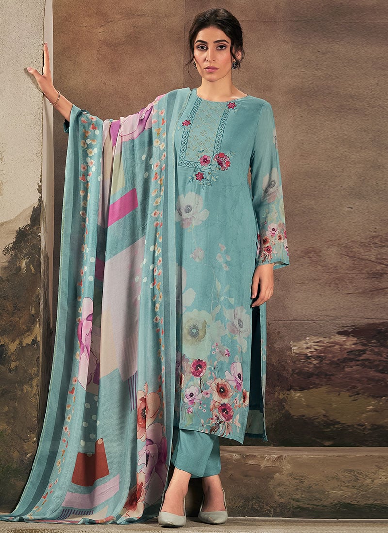 Sky Blue Muslin Digital Print Embroidered Straight Pant Suit After Six Wear