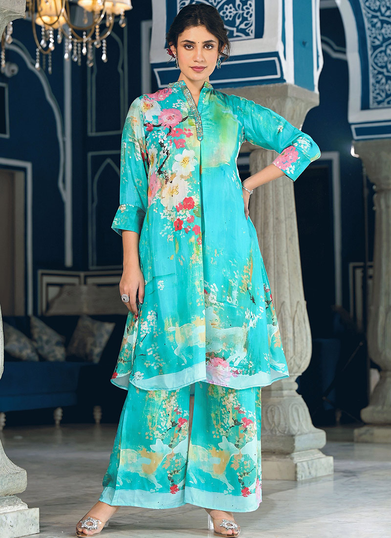 Ice blue Hand-Embroidered Abstract Print Muslin Coord Set