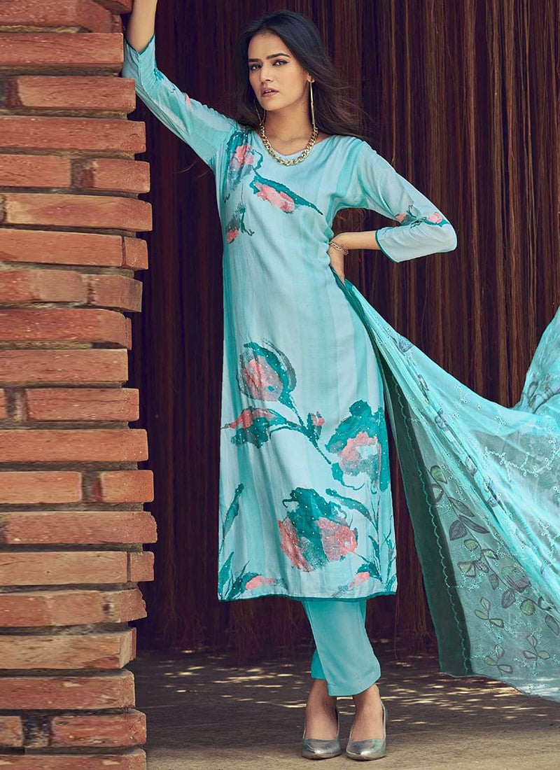 Sky Blue Muslin Floral Digital Print Straight Pant Suit After Six Wear