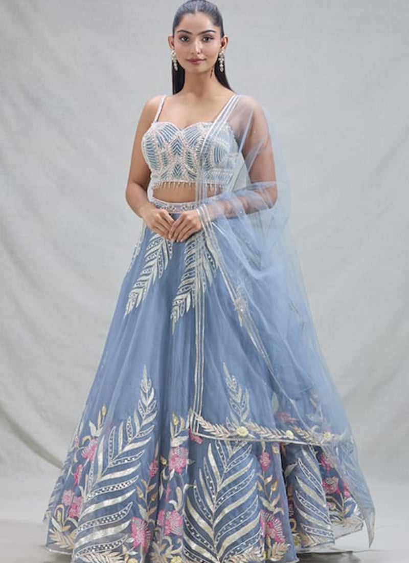Sky Blue Net Beads Embroidered Umbrella Lehenga Choli After Six Wear