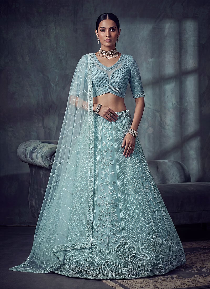 Sky Blue Net Cutdana Embroidered Sequins Stones Lehenga Wedding Wear
