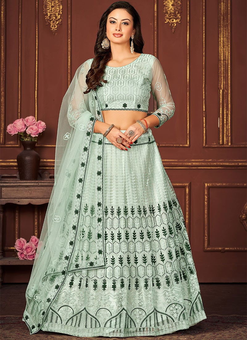 Pista Green Net Diwali Umbrella Lehenga Embossed With Embroidery Party Wear