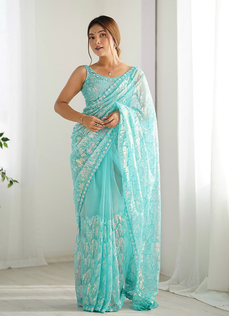 Sky Blue Net Embroidered Sequins Beautiful Saree Festive Wear