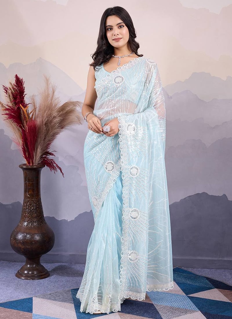 Sky Blue Net Embroidered Sequins Saree