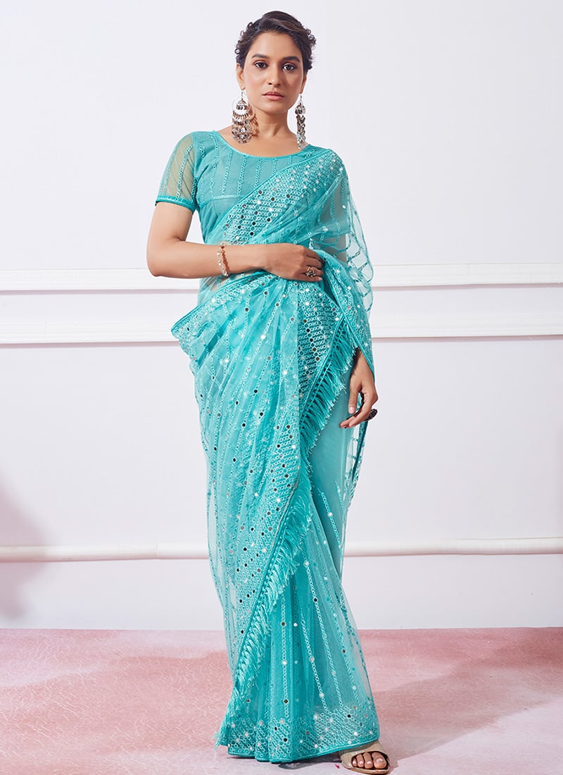 Sky Blue Net Embroidered Thread Saree Festive Wear
