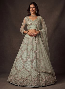 Sky Blue Net Embroidery Sequence Work Lehenga