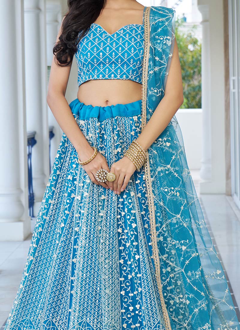 Pastel Blue Net Lehenga Choli With Blouse & Dupatta For Indian & Pakistani Wedding Festival - Mirror & Dori With Thread & Sequence Embroidery Work