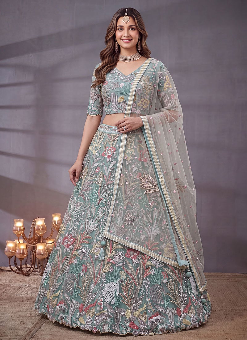 Sky Blue Net Sequins Embroidered Lehenga Wedding Wear