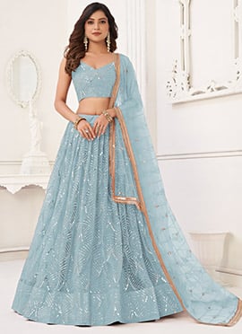 Sky Blue Net Sequins Embroidered Mirror Work Lehenga