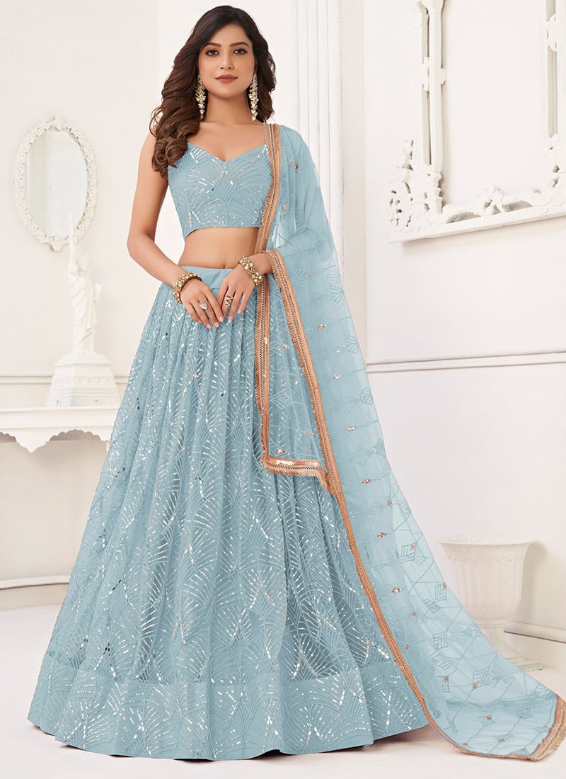 Sky Blue Net Sequins Embroidered Mirror Work Lehenga Wedding Wear
