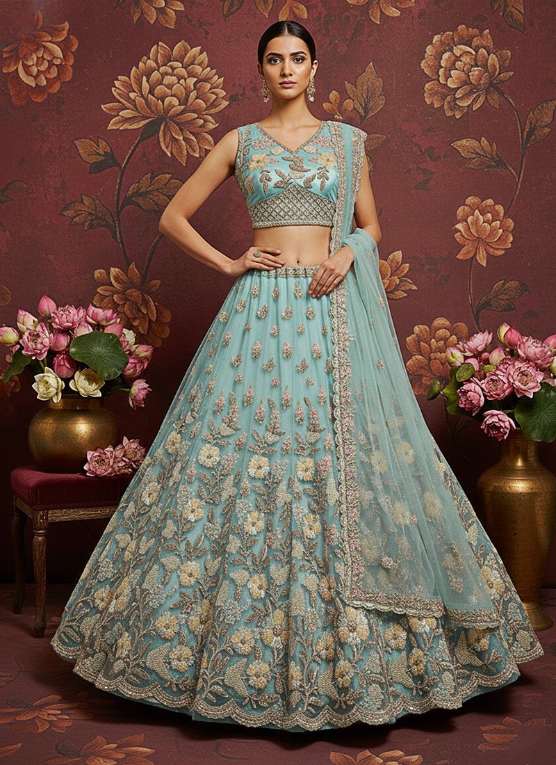 Sky Blue Net Sequins Embroidered Zari Hand Work Thread Cutdana Umbrella Lehenga Wedding Wear