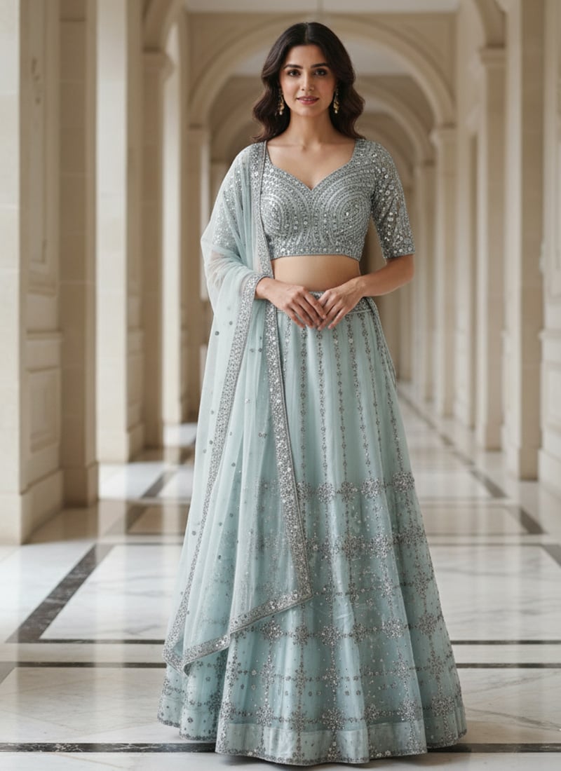 Sky Blue Net Sequins Lehenga Wedding Wear
