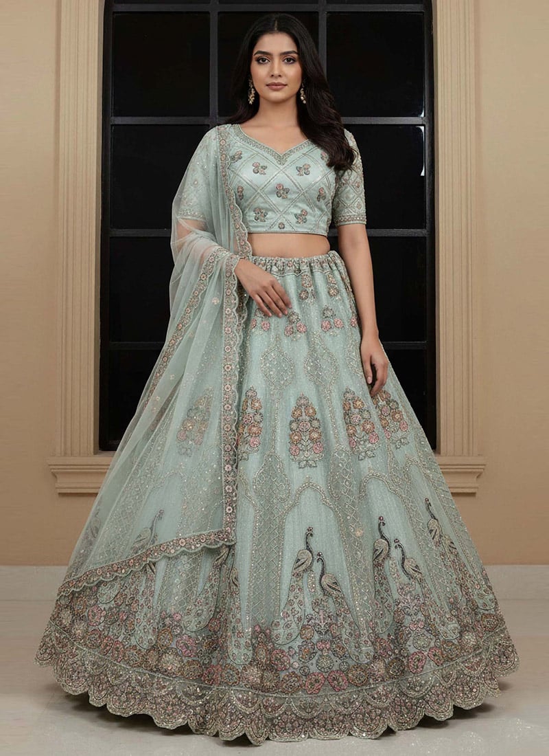Sky Blue Net Thread Zarkan Stone Embroidered Umbrella Lehenga Wedding Wear
