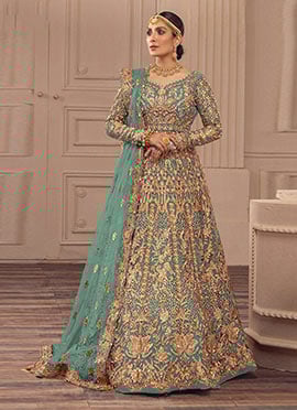 Sky Blue Net Zari Embroidered Sequins With Stone Anarkali Suit