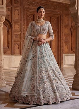 Sky Blue Net Zari Hand Embroidered Sequins Lehenga