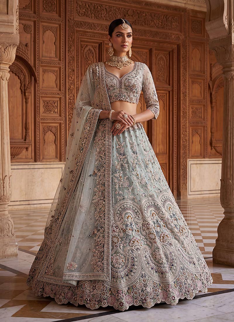 Sky Blue Net Zari Hand Embroidered Sequins Lehenga Wedding Wear