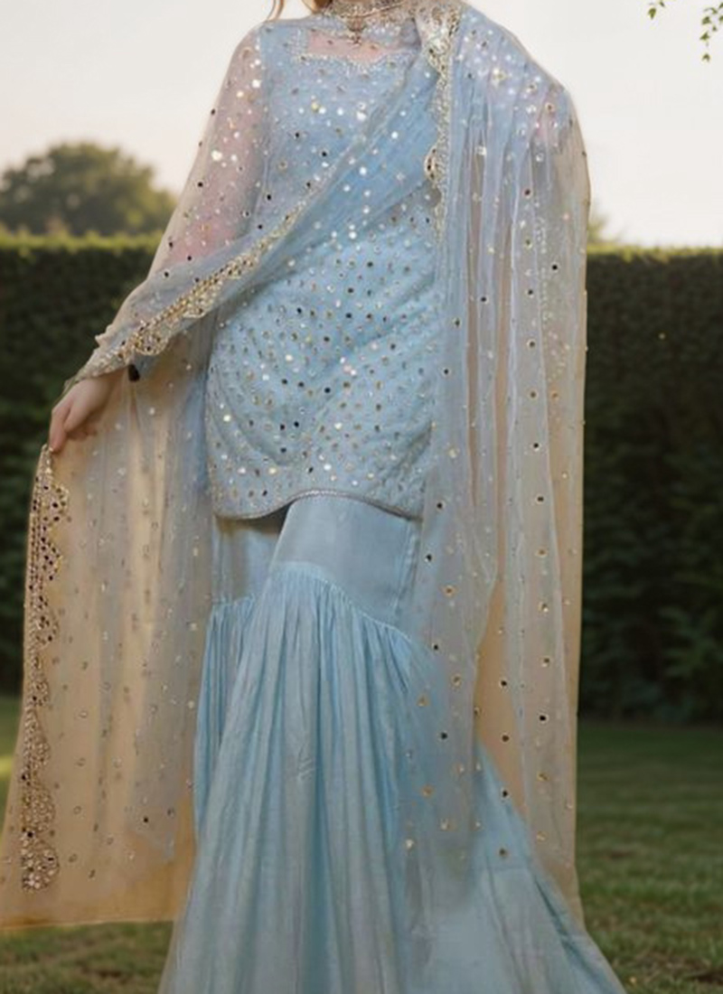 Mustard Zari & Mirror Embroidered Festive Sharara Suit main image 1