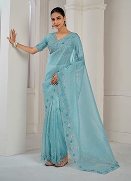 Sky Blue Organza Applique With Sequins And Stone Work Saree Festive Wear