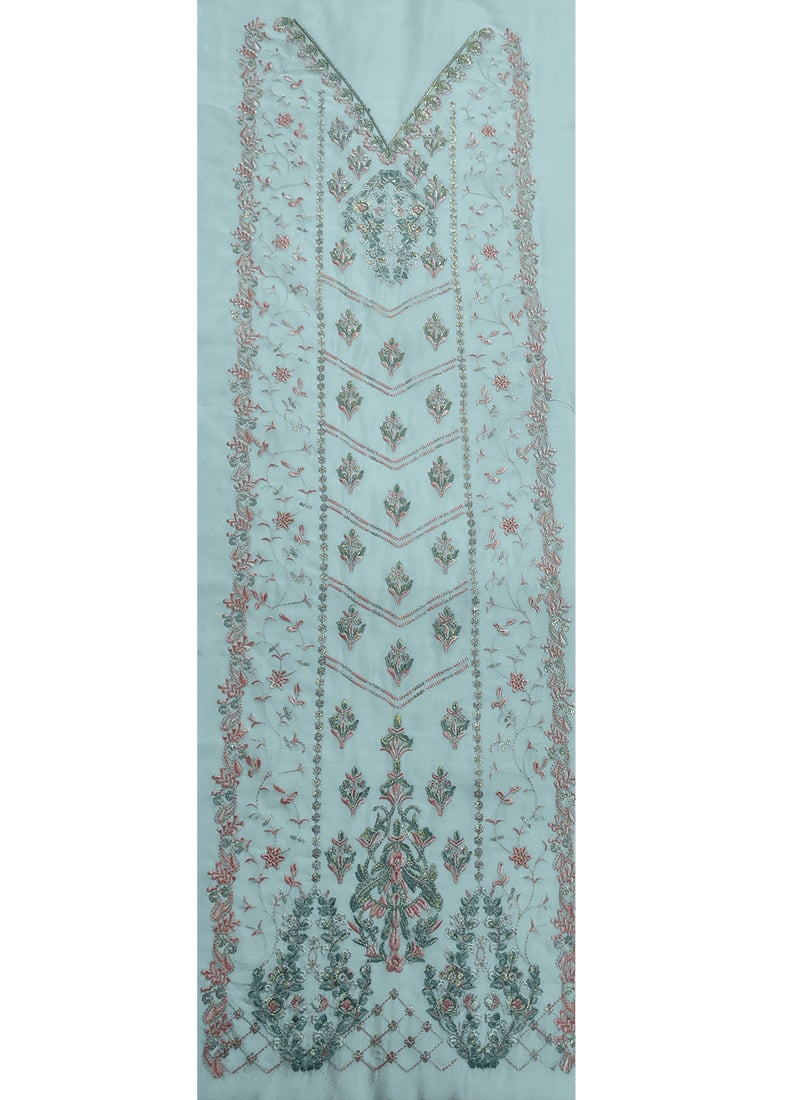 Sky Blue Organza Embroidered Fabric